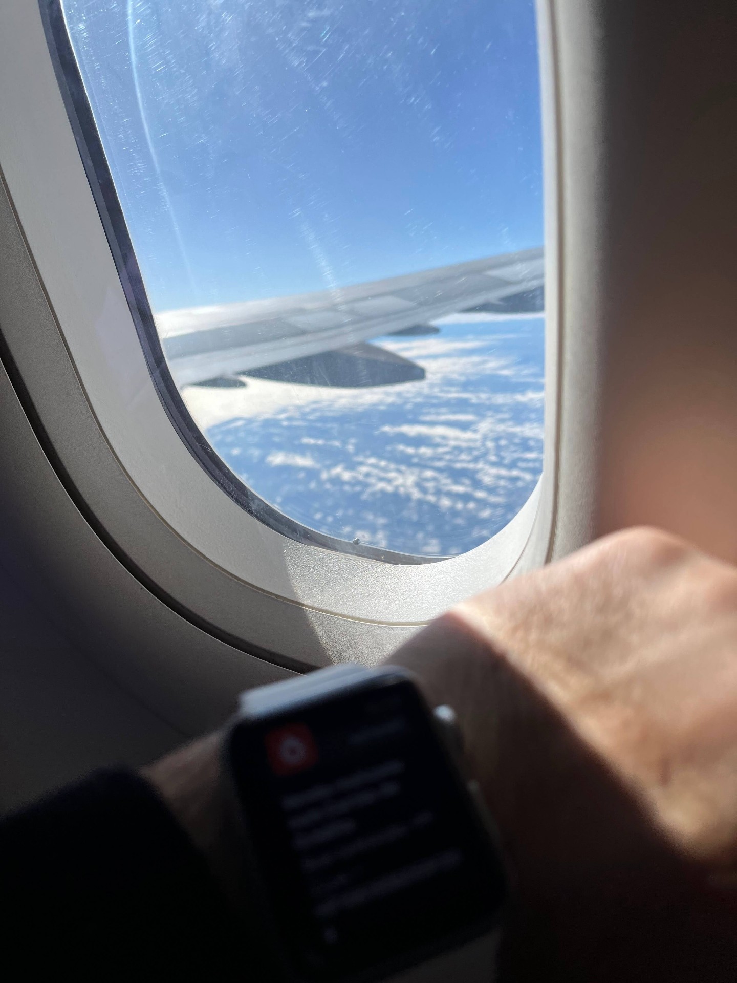Vista da asa do avião pela janela, durante uma viagem