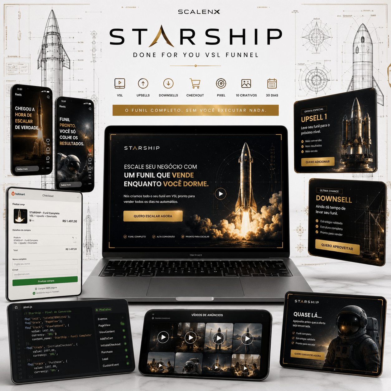 Mockup do produto StarShip — funil completo (VSL + páginas + upsell)