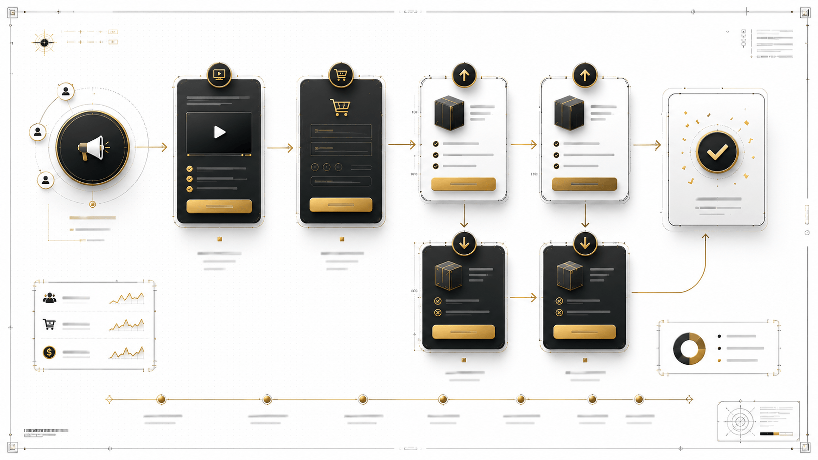 Mockup do funil de VSL montado: VSL, páginas de upsell/downsell e checkout